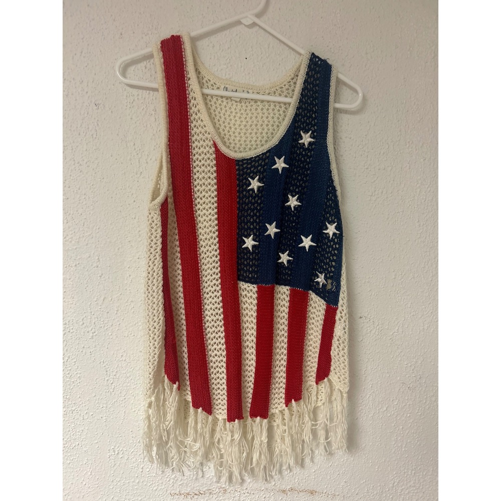 Cloud Chaser American Flag Crochet Knit Fringe Tank Top XL Patriotic USA Stars